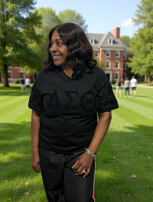 Black on black chenille DST V neck shirt