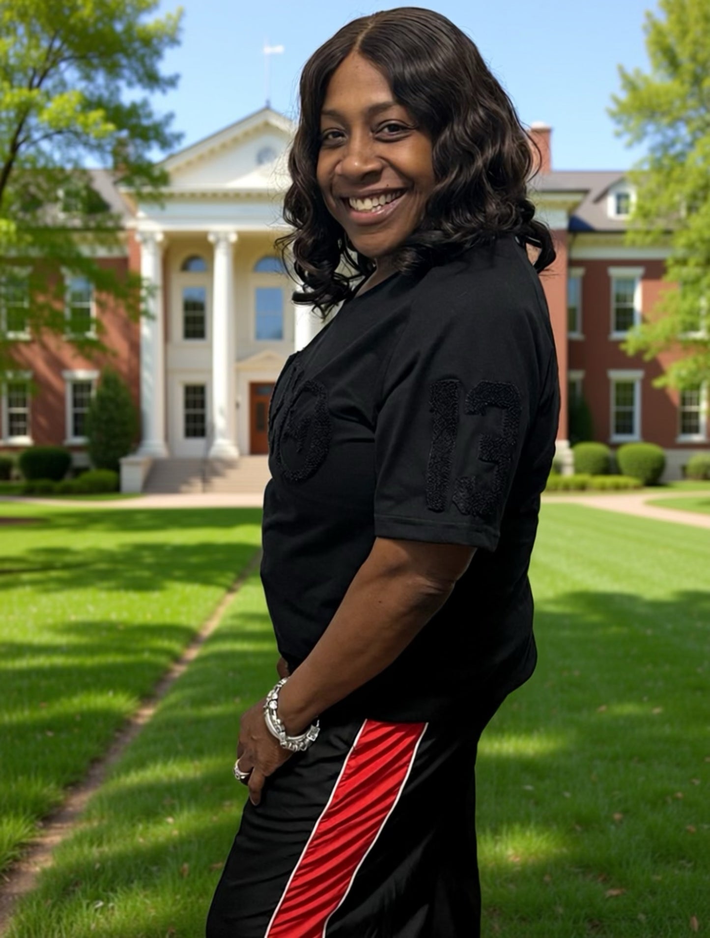 Delta Sigma Theta Black on black chenille V neck shirt